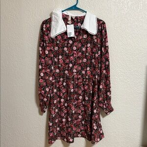 H&M Black and Pink Floral Mini Dress with White Collar